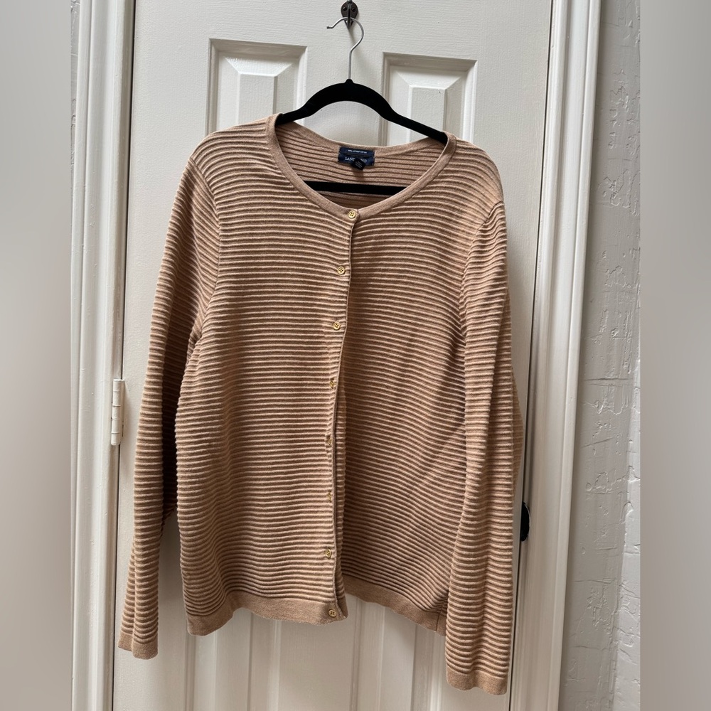 1X (16W-18W) Lands’ End 100% Supima Cotton Textured Striped Cardigan, Camel